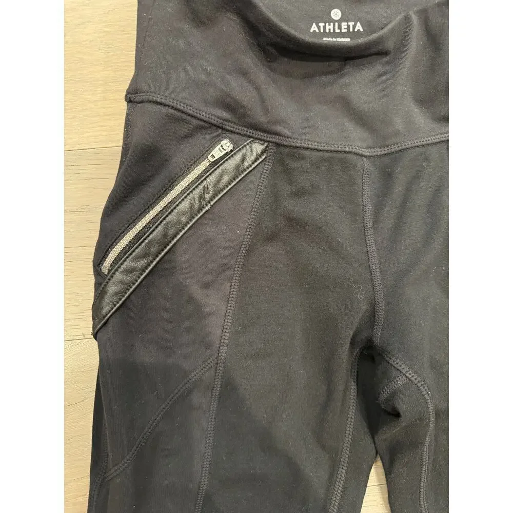 Athleta Ponte Luxe Leggings Pant Faux Leather Moto Zip Ankle Black Size XS